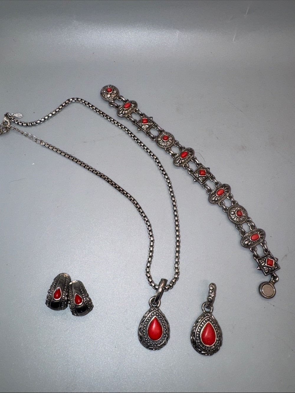 Sterling-Style Red Teardrop Pendant Necklace and Earring Set
